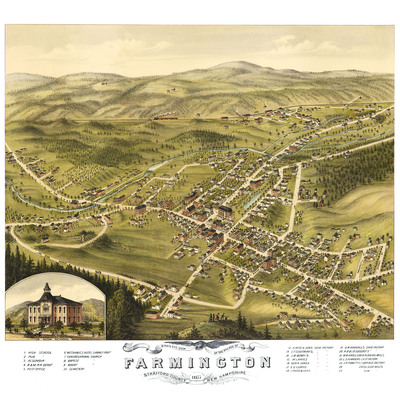 Farmington, nh in 1877 - bird's eye view map, aerial, panorama, vintage, antique, reproduction, giclée, framable, fine art