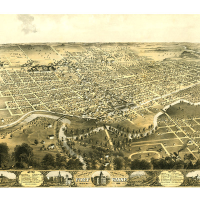 Fort wayne, indiana in 1868 - bird's eye view map, aerial map, panorama, vintage map, antique map, reproduction, giclée, fine art, wall art