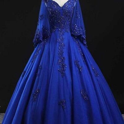 Elegant royal blue ball gown puffy prom dresses with lace