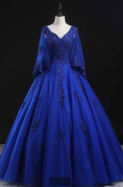 Elegant Royal Blue Ball Gown Puffy Prom Dresses With Lace
