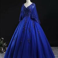 Elegant Royal Blue Ball Gown Puffy Prom Dresses With Lace - Thumbnail 1