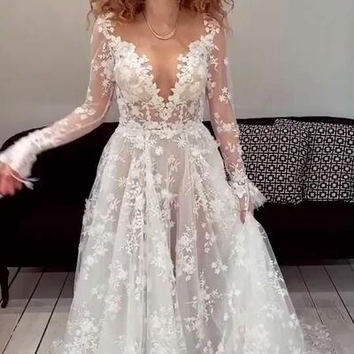 Sexy ball gown v neck lace beach boho wedding dress bridal gown