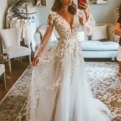 Elegant a line lace appliques wedding dress bridal gown