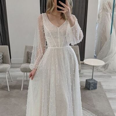 Sexy v neck long sleeve lace beach boho wedding dress bridal gown