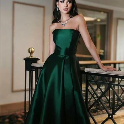 Strapless a-line emerald green stain evening dresses - Thumbnail 1