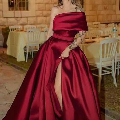 A-line one shoulder sleeveless satin ruffles sweep/brush train evening dresses - Thumbnail 3