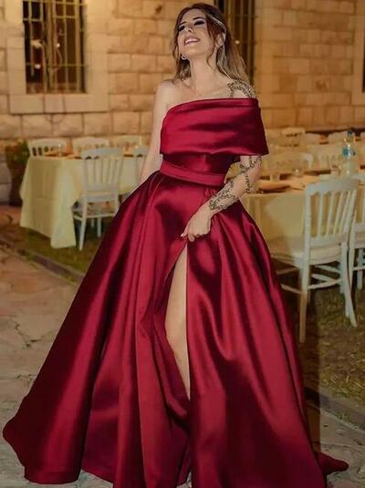 A-Line One Shoulder Sleeveless Satin Ruffles Sweep/Brush Train Evening Dresses