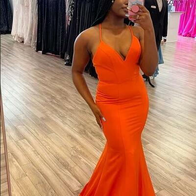 Straps mermaid orange satin long prom dresses