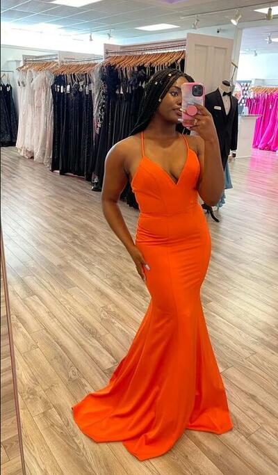 Straps Mermaid Orange Satin Long Prom Dresses