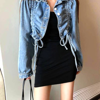 Stunning Punk Ruffle Puffy Shoulder Drawstring Ruched Jean Washed Jacket Unique Rave - Thumbnail 5