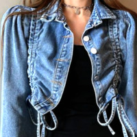 Stunning Punk Ruffle Puffy Shoulder Drawstring Ruched Jean Washed Jacket Unique Rave - Thumbnail 6