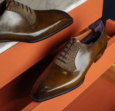 Handmade Brown Brogue Designer Style Bespoke Lace Up Shoes