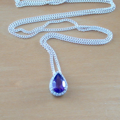 Sterling silver amethyst & cz teardrop pendant & chain/amethyst necklace/amethyst jewellery/amethyst jewelry/february birthstone/uk