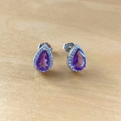 Sterling silver amethyst & cz teardrop stud earrings/amethyst earrings/amethyst studs/amethyst jewellery/amethyst jewelry/february birthstone/uk