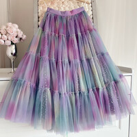Rainbow Color Layered Tulle Skirt Rainbow Tutu Tulle Maxi Skirt Custom Plus Size Holiday Outfit - Thumbnail 1