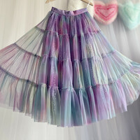 Rainbow Color Layered Tulle Skirt Rainbow Tutu Tulle Maxi Skirt Custom Plus Size Holiday Outfit - Thumbnail 3