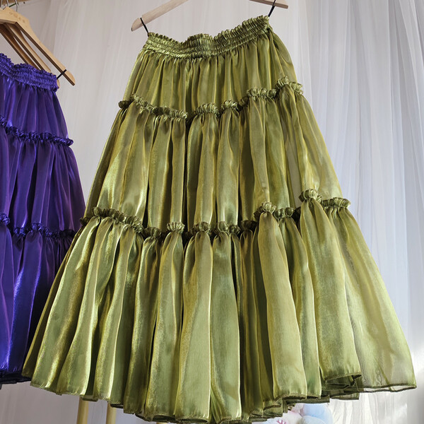 Olive Green A-line Satin Skirt Outfit Women Plus Size Taffeta Holiday Midi Skirt 