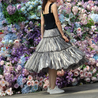 Olive Green A-line Satin Skirt Outfit Women Plus Size Taffeta Holiday Midi Skirt  - Thumbnail 6