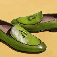 Handmade Men's Olive Green Leather Polishing Dress Loafers Slips On Moccasin Shoes - Thumbnail 1