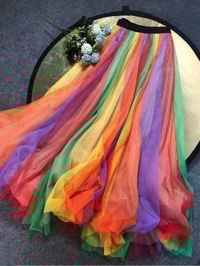 Women High Waisted Rainbow Tutu Women Rainbow Stripe Tulle Maxi Skirt Holiday Outfit