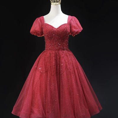 Burgundy tulle beaded knee length short sleeve party dress - Thumbnail 1