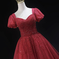 Burgundy Tulle Beaded Knee Length Short Sleeve Party Dress - Thumbnail 1