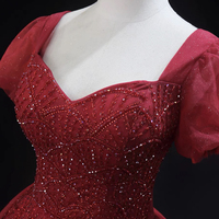 Burgundy Tulle Beaded Knee Length Short Sleeve Party Dress - Thumbnail 3