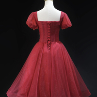 Burgundy Tulle Beaded Knee Length Short Sleeve Party Dress - Thumbnail 4