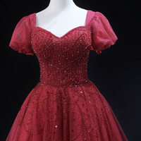 Burgundy Tulle Beaded Knee Length Short Sleeve Party Dress - Thumbnail 5