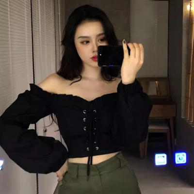 Free ship! vintage french one shoulder drawstring push-up bustier ruffle lantern sleeves skiny blouse shirt unique