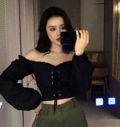 FREE SHIP! Vintage French One Shoulder Drawstring Push-up Bustier Ruffle Lantern Sleeves Skiny Blouse Shirt Unique