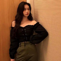 FREE SHIP! Vintage French One Shoulder Drawstring Push-up Bustier Ruffle Lantern Sleeves Skiny Blouse Shirt Unique - Thumbnail 1