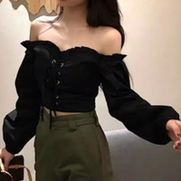 FREE SHIP! Vintage French One Shoulder Drawstring Push-up Bustier Ruffle Lantern Sleeves Skiny Blouse Shirt Unique - Thumbnail 2
