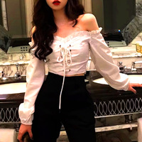 FREE SHIP! Vintage French One Shoulder Drawstring Push-up Bustier Ruffle Lantern Sleeves Skiny Blouse Shirt Unique - Thumbnail 5