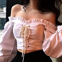 FREE SHIP! Vintage French One Shoulder Drawstring Push-up Bustier Ruffle Lantern Sleeves Skiny Blouse Shirt Unique - Thumbnail 6