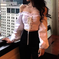 FREE SHIP! Vintage French One Shoulder Drawstring Push-up Bustier Ruffle Lantern Sleeves Skiny Blouse Shirt Unique - Thumbnail 7