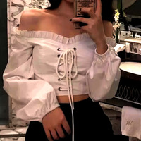 FREE SHIP! Vintage French One Shoulder Drawstring Push-up Bustier Ruffle Lantern Sleeves Skiny Blouse Shirt Unique - Thumbnail 8