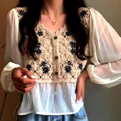 Free ship! vintage boho chiffon patchwork knit emboidery ruffle lantern sleeves loose fits blouse tops unique