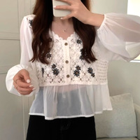 FREE SHIP! Vintage Boho Chiffon Patchwork Knit Emboidery Ruffle Lantern Sleeves Loose Fits Blouse Tops Unique - Thumbnail 1