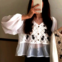 FREE SHIP! Vintage Boho Chiffon Patchwork Knit Emboidery Ruffle Lantern Sleeves Loose Fits Blouse Tops Unique - Thumbnail 2
