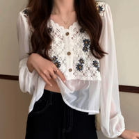 FREE SHIP! Vintage Boho Chiffon Patchwork Knit Emboidery Ruffle Lantern Sleeves Loose Fits Blouse Tops Unique - Thumbnail 3