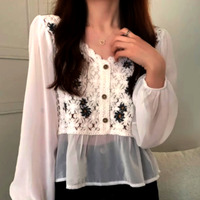 FREE SHIP! Vintage Boho Chiffon Patchwork Knit Emboidery Ruffle Lantern Sleeves Loose Fits Blouse Tops Unique - Thumbnail 4