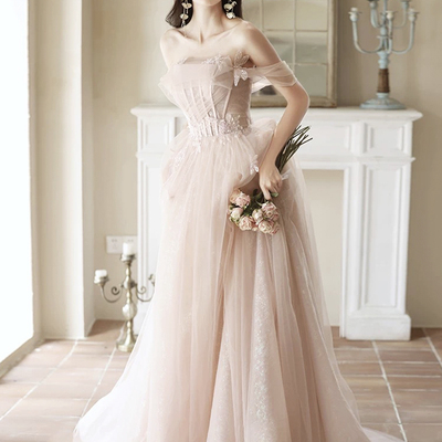 Pink tulle long a-line prom party dress, pink evening dress - Thumbnail 1