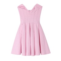 Deep V-neck waist pleated mesh fluffy backless pink tube top dress - Thumbnail 1