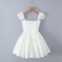 V-neck white waist short-sleeved slim short puffy dress - Thumbnail 1