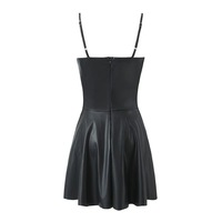 PU leather pleated dress Black sexy low-cut short waist suspender skirt - Thumbnail 4