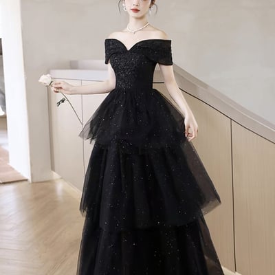 Black tulle lace long a-line prom dress, black off the shoulder party dress - Thumbnail 1