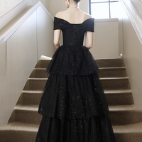 Black Tulle Lace Long A-Line Prom Dress, Black Off the Shoulder Party Dress - Thumbnail 3