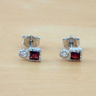 Sterling silver garnet & cz gemstone stud earrings/garnet earrings,garnet square earrings/square stud earrings/garnet jewellery/garnet jewelry/uk - Thumbnail 4