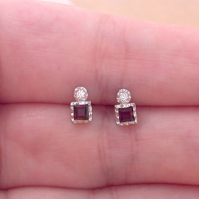 Sterling silver garnet & cz gemstone stud earrings/garnet earrings,garnet square earrings/square stud earrings/garnet jewellery/garnet jewelry/uk
